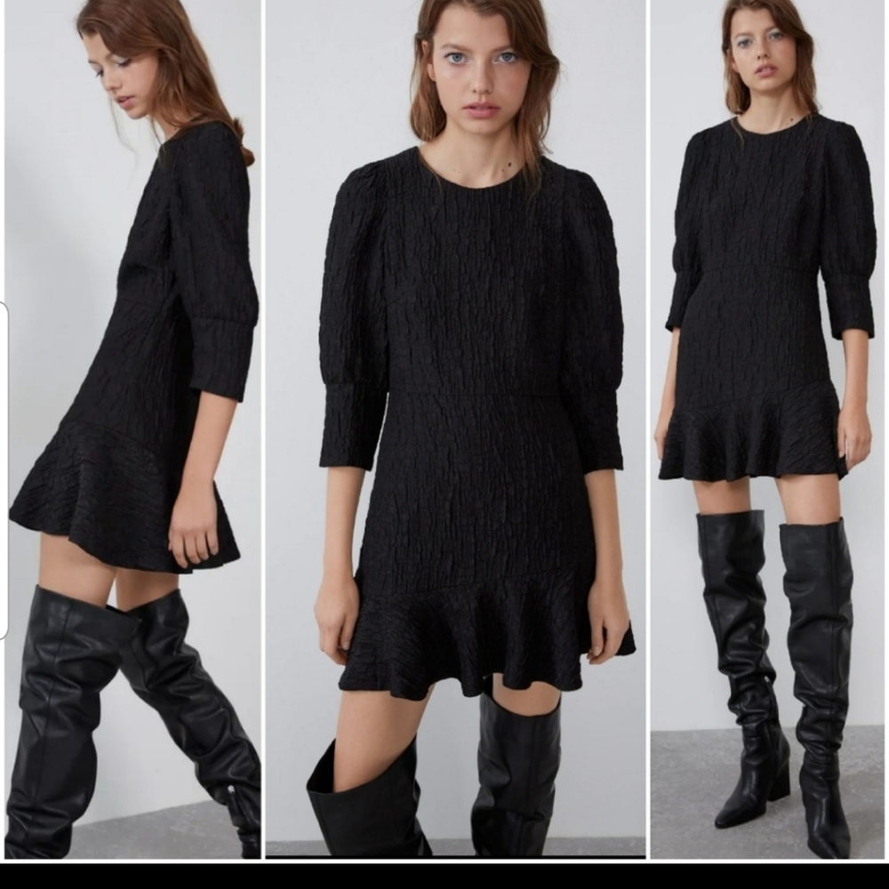 Zara textured flounce ruffle hem mini dress
